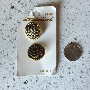 2 1980s Vintage Streamline Antique Gold Domed Lattice Shank Buttons On Card 7/8"